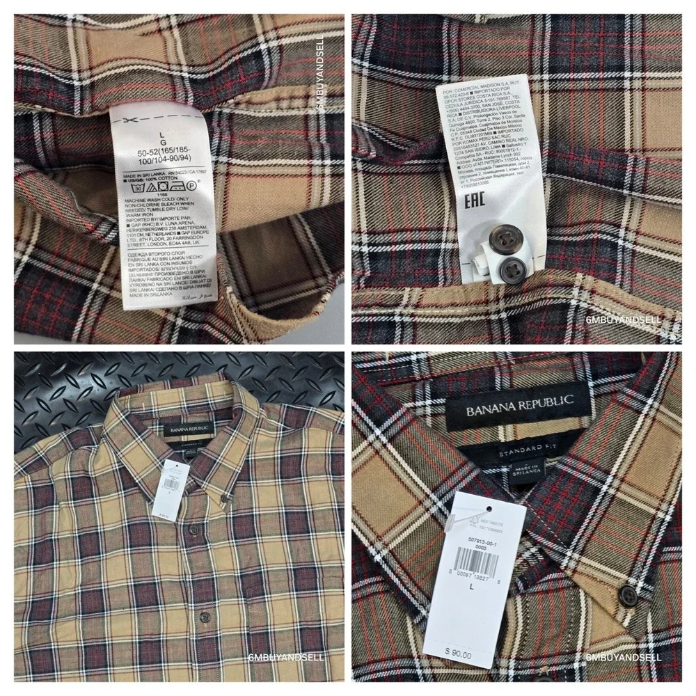 Banana Republic Mens L Plaid Flannel‎ Shirt Tan Brown Red NWT Cotton